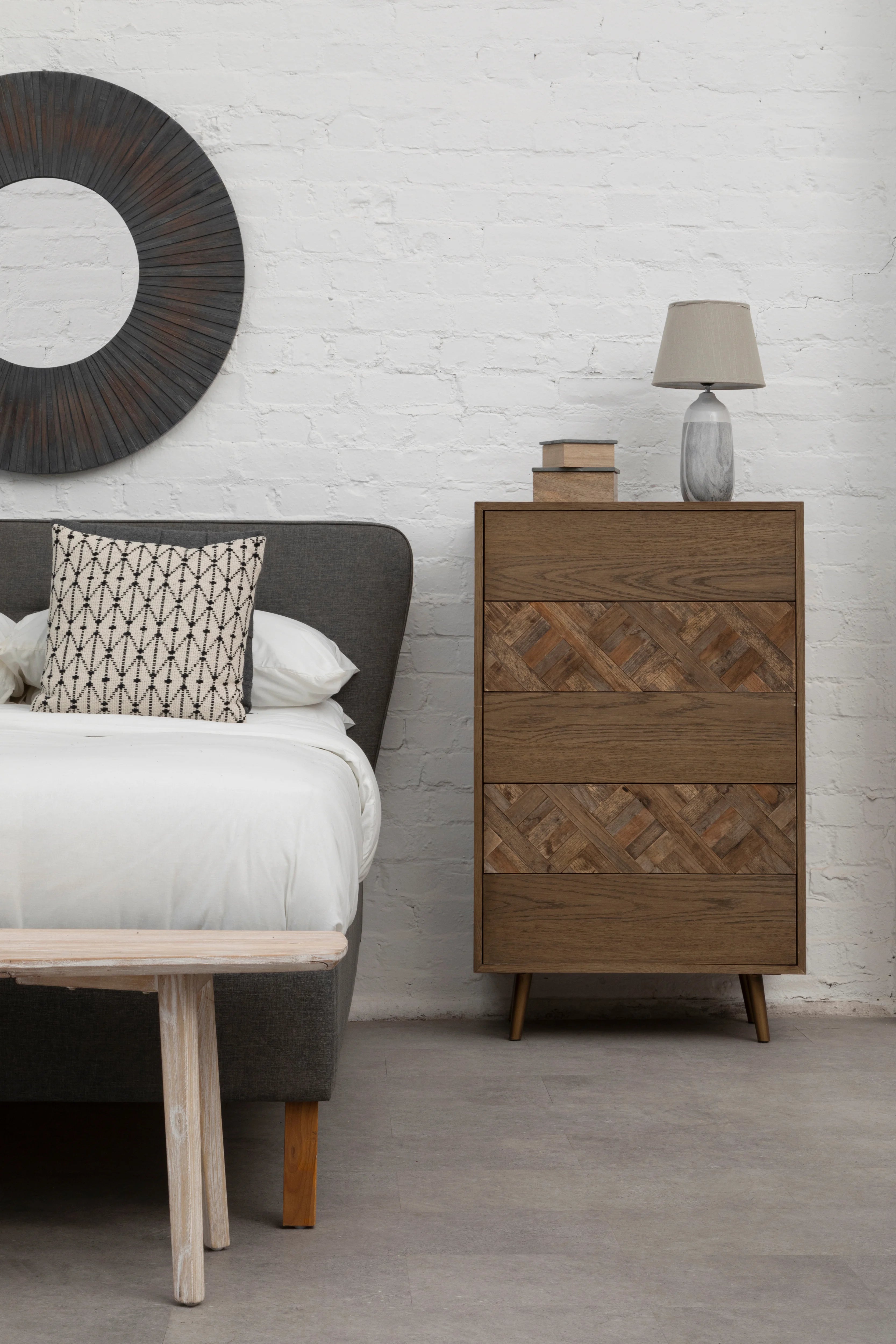 Elms Antique Wood Round Wall Mirror